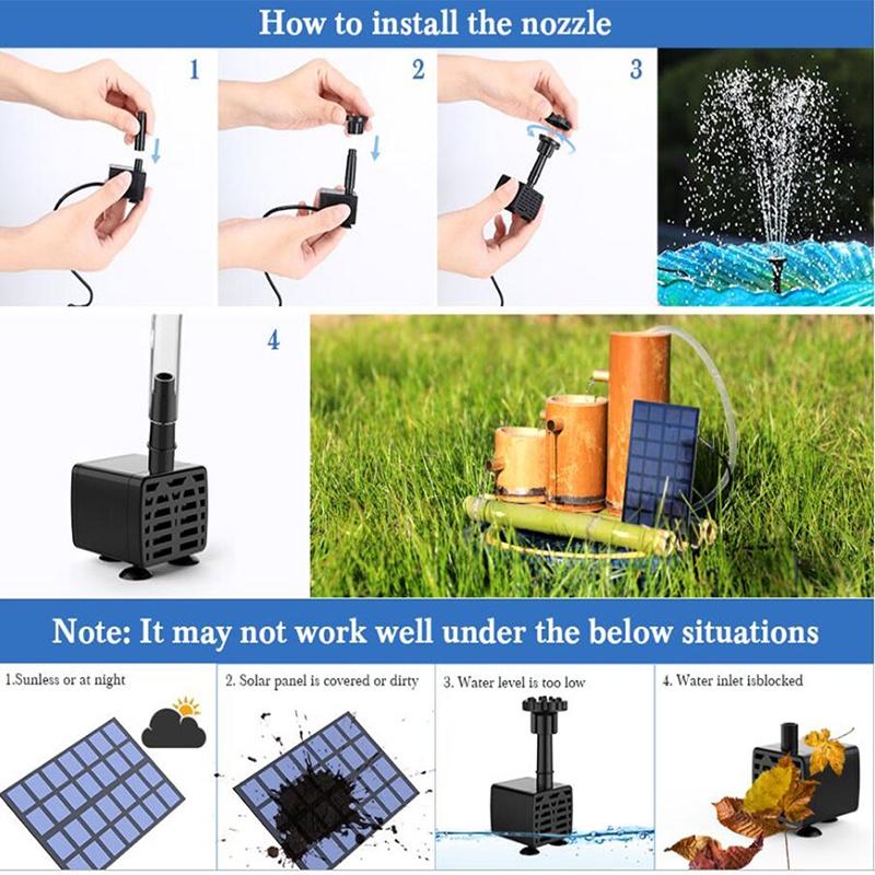 2.5W Solar Fountain Pump with 6Nozzles and 4ft Water Pipe Solar Powered Pump for Bird Bath Pond Garden Tool
