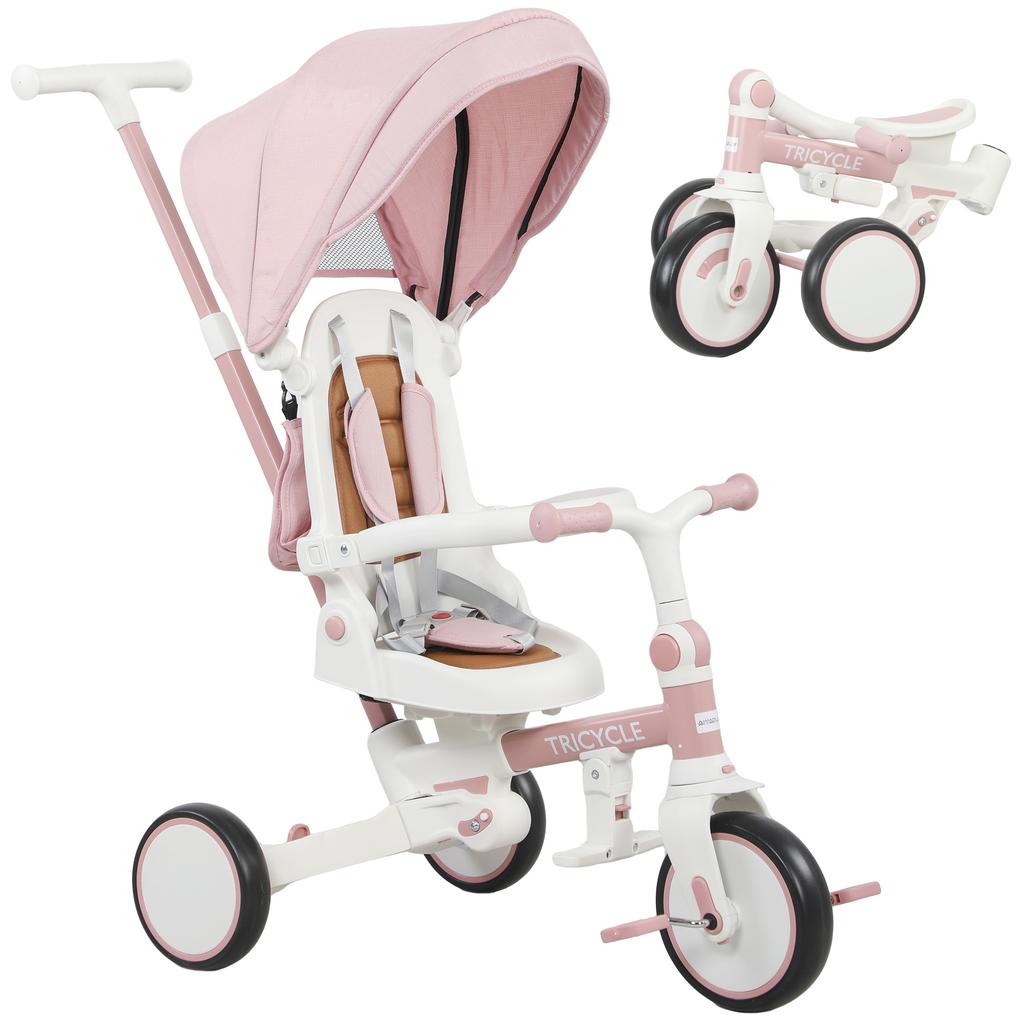 Children's Tricycle, Convertible Baby Buggy, 5-in-1, Push Handle, 1-3 Years, Pink
