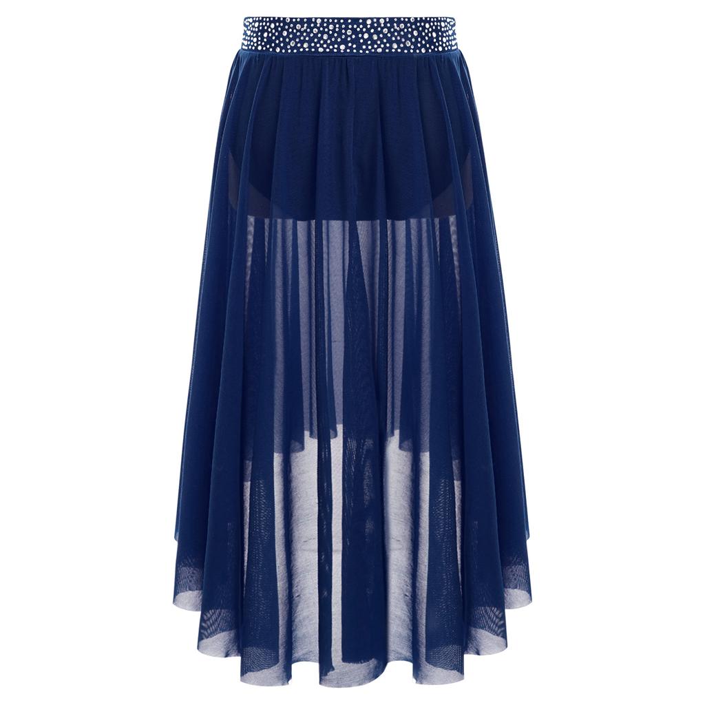 Юбка для лирического танца для девочек с блестящим поясом из стразов, сетчатая юбка хай-лоу, боковой разрез, современный