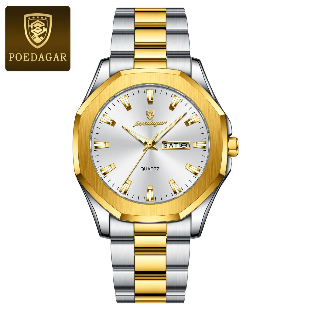 POEDAGAR Luxury Men Wristwatch Waterproof Luminous Week Date Original Man Watch Stainless Steel Sport Quartz Men's Watches