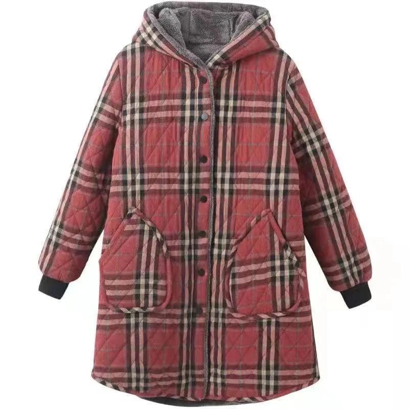 Хлопковая куртка, женская осенне-зимняя длинная утолщенная клетчатая куртка с капюшоном, теплая хлопковая куртка большого размера