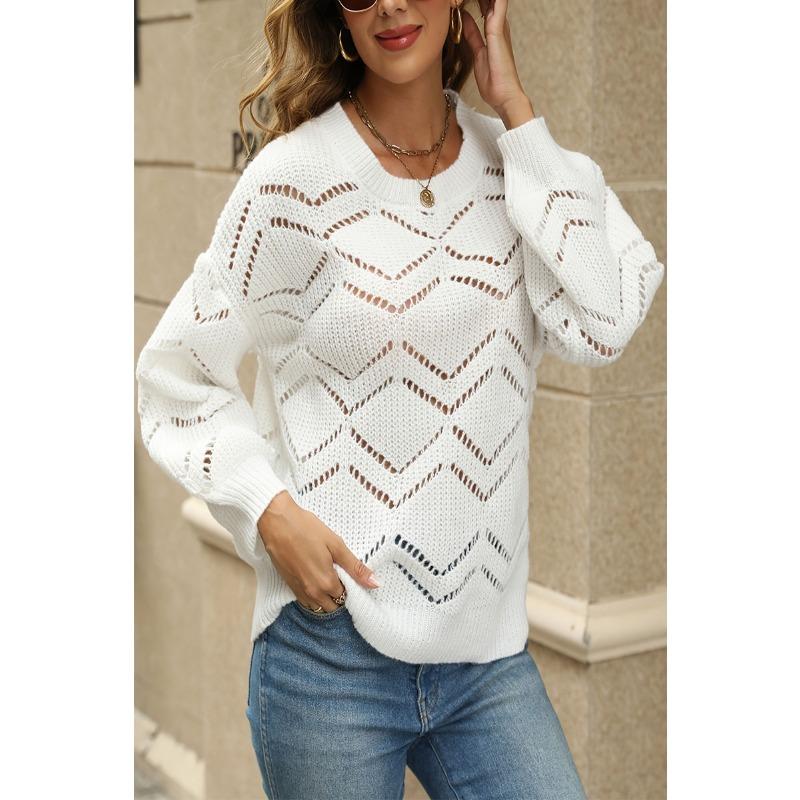 Ажурный круглый вырез с длинным рукавом вязаный свитер женский свободный свитер больших размеров