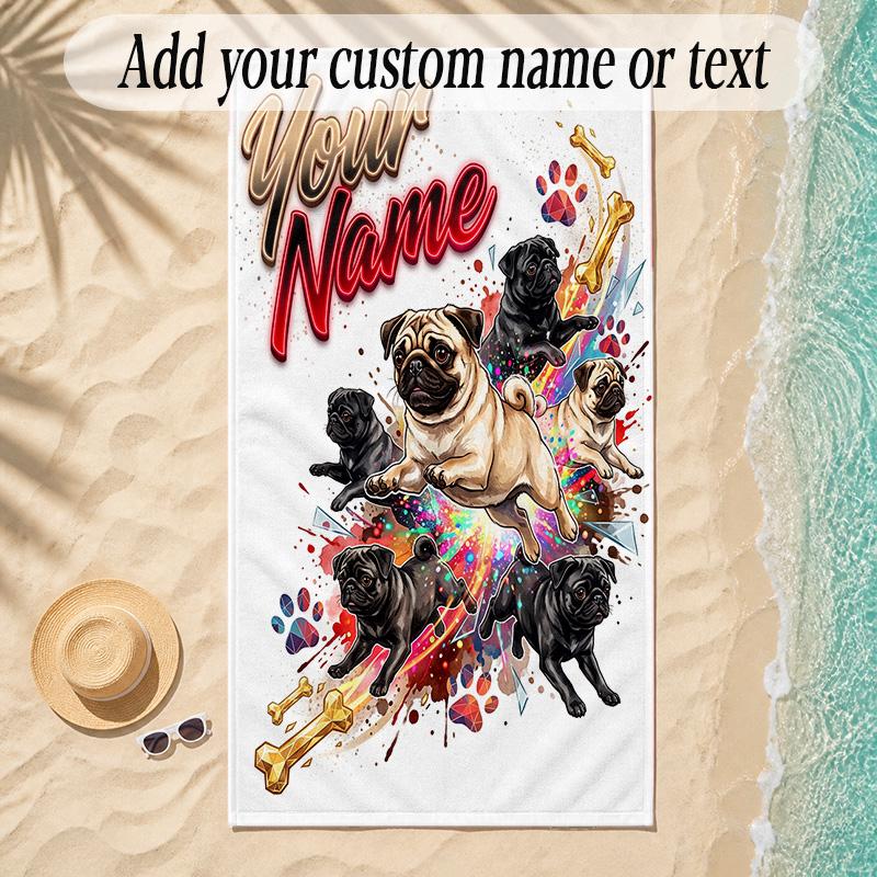 Pug Theme Soft Beach Towel Personalized Custom Name Text Towel Portable for Beach Pool Travel