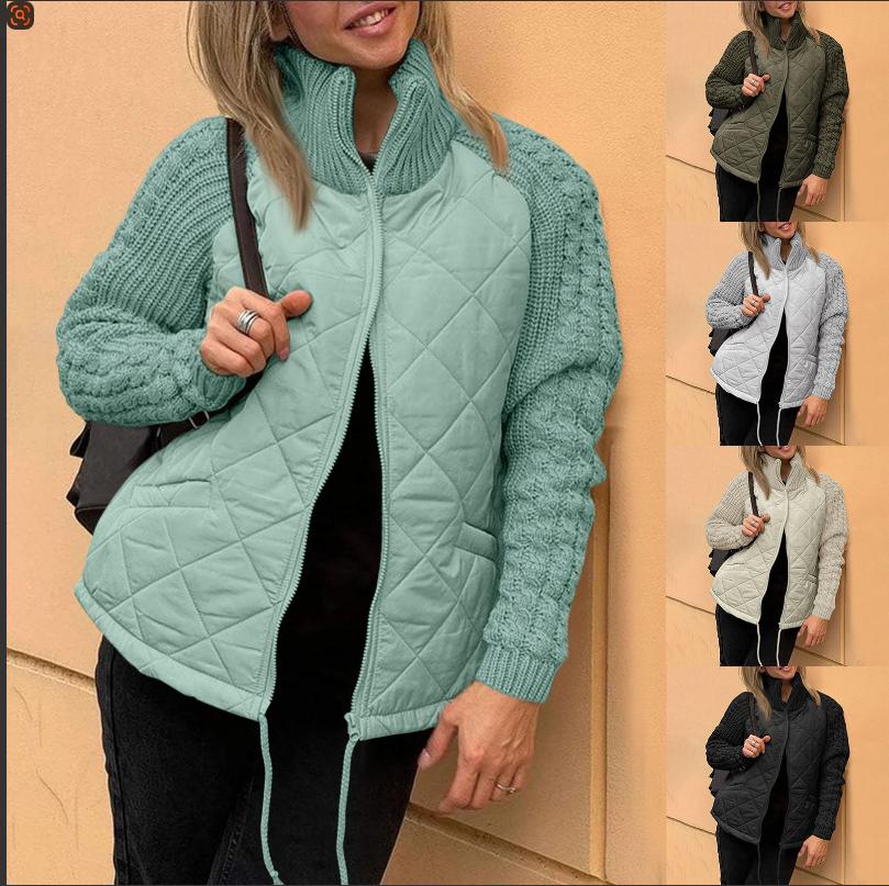 Womens Solid Color Knitted Patchwork Quilted Jacket Casual Lightweight Stand Collar Long Sleeve Zip Jackets Padded Outerwear Coats