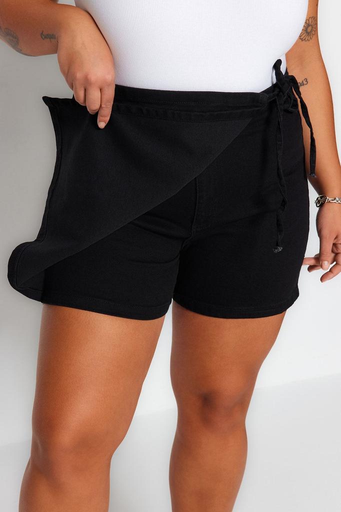 Женский стиль больших размеров Черная джинсовая юбка-шорты с завышенной талией на двубортной застежке