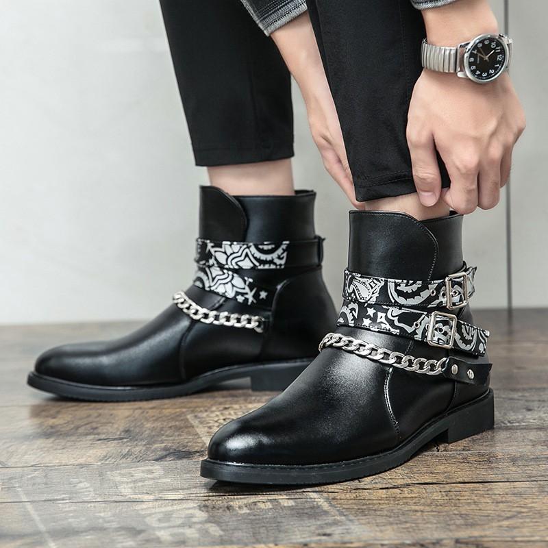 Mens Black Pointed Toe High Top Leather Boots - British Style Casual Formal Shoes