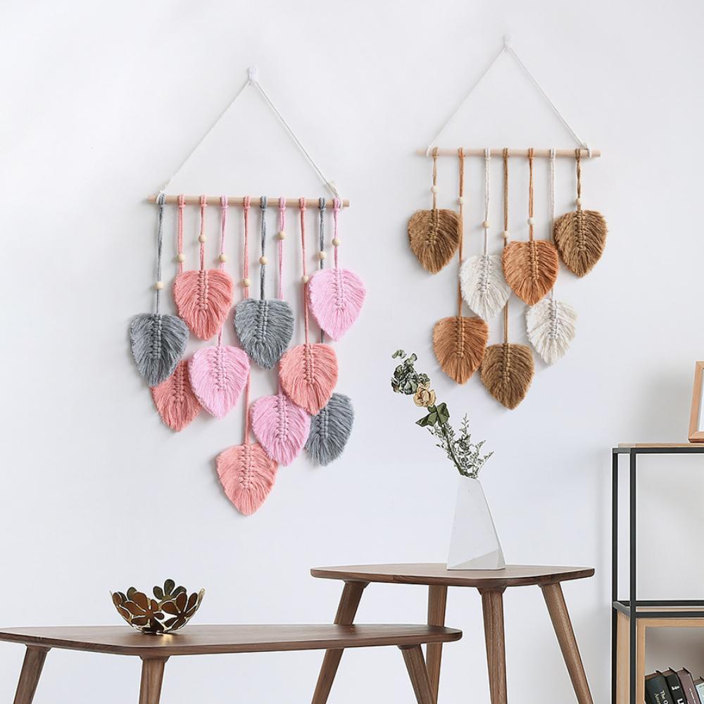 Macrame Wall Hanging Leaves Bohemian Wall Hanging Woven Tapestry Large Chic Woven Leaf Tassel Handmade Woven Wall Art for Bedroom Nursery Home 90x40cm
