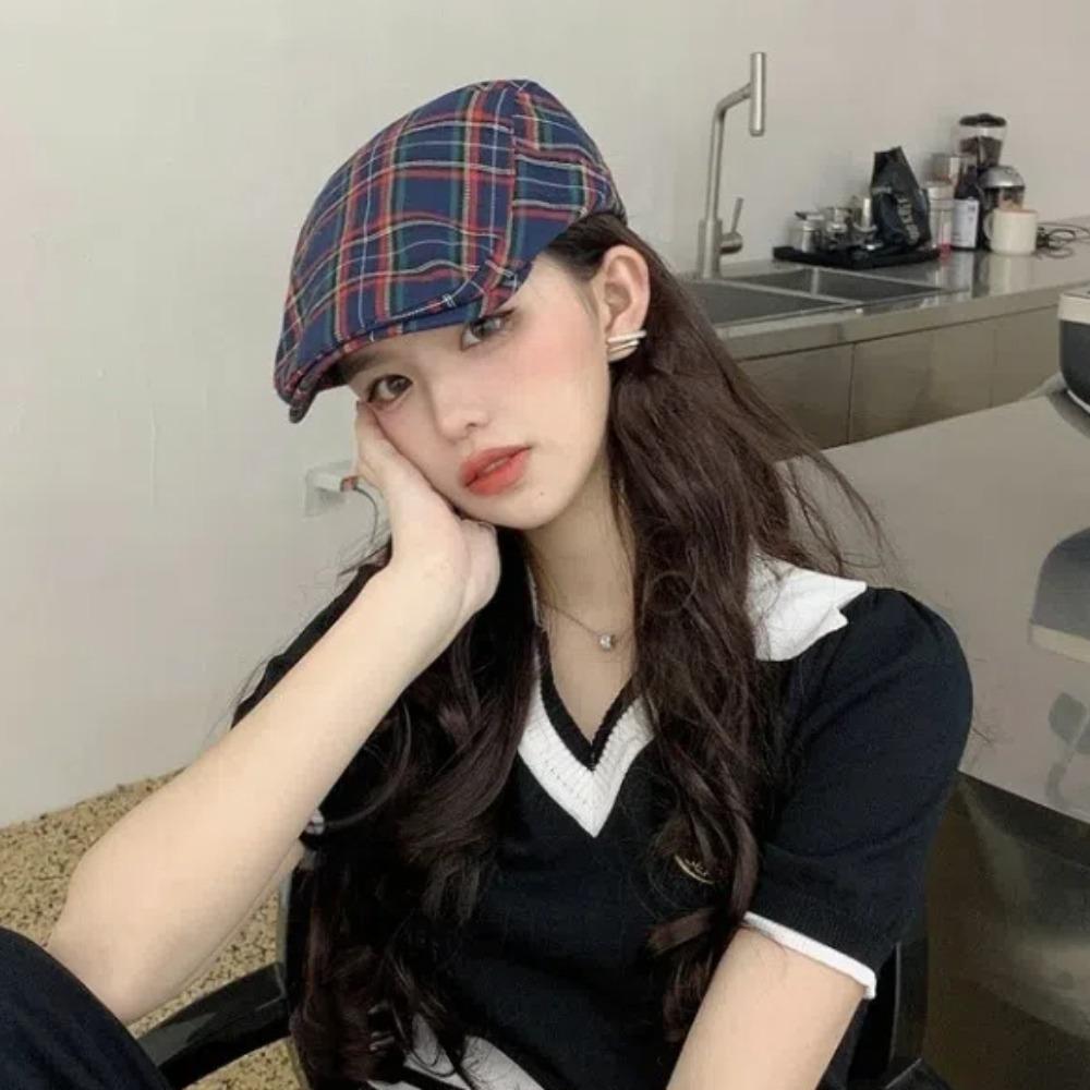 Ретро Клетчатый Берет Хлопковая Ткань Кепка Художника Повседневная Женская Шляпа Художника Работа