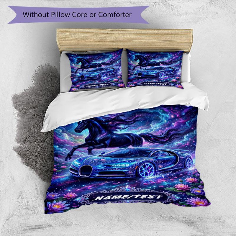 3PC Custom Name Galactic Horse Car Bedding Set Duvet Cover Closure Includes 1 Duvet Cover & 2 Pillowcases for Bedroom