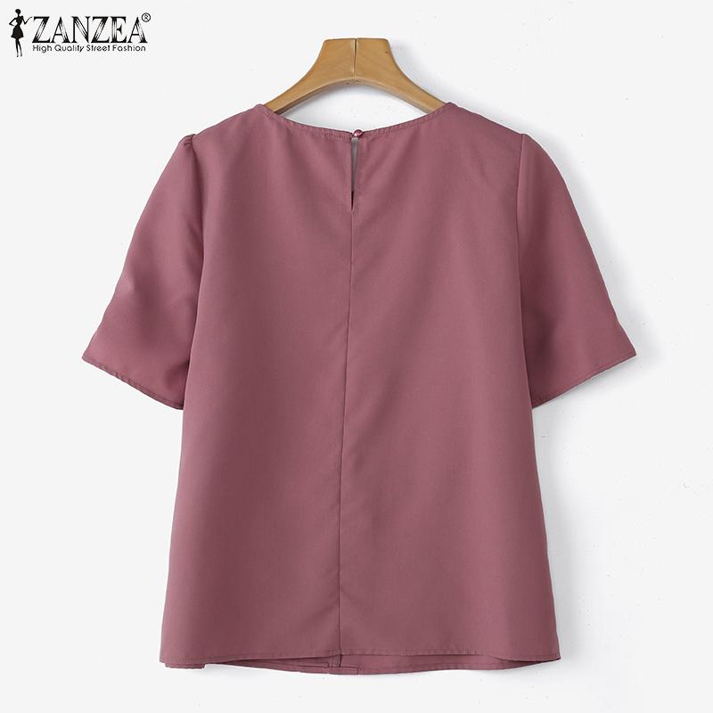ZANZEA Women Casual Round Neck Solid Color Short Sleeve Blouse