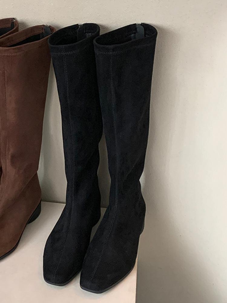 Версия из коровьей кожи~ Кожаные сапоги на толстом каблуке в стиле ретро с молнией сзади Женские замшевые тонкие сапоги Высокие сапоги Рыцарские сапоги Длинные сапоги