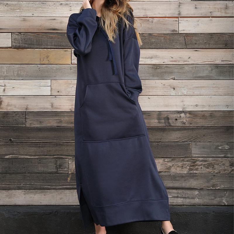 GMXIA Осенне-зимнее свободное трикотажное длинное платье большого размера с капюшоном, толстовка с подкладкой, повседневные модные платья, платья с большими карманами