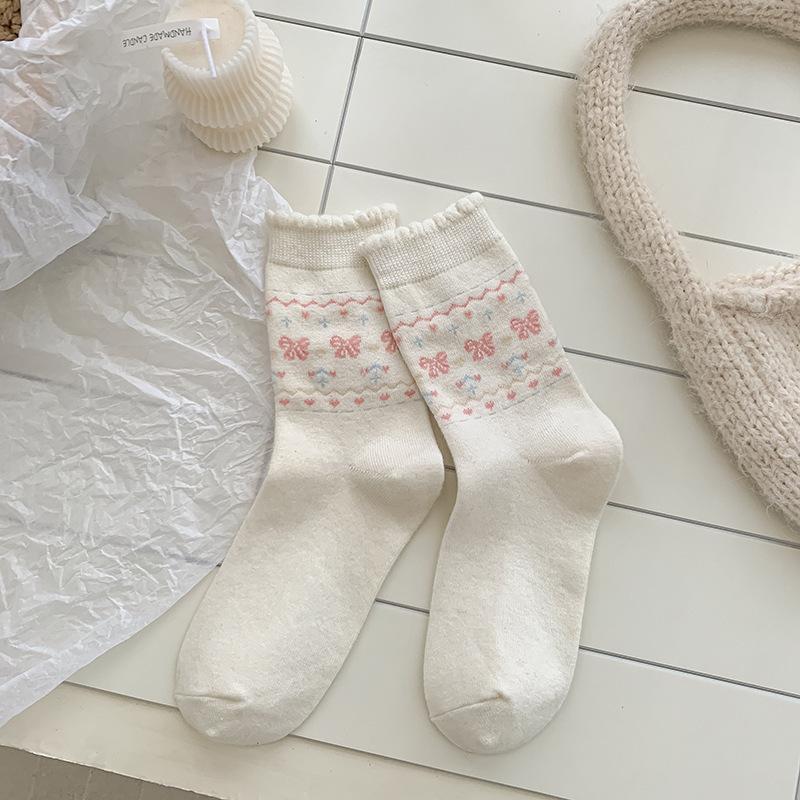 Mid-calf Socks for Autumn and Winter, Women's Bow-trimmed Warm Cloud Fleece Socks, Pile Socks