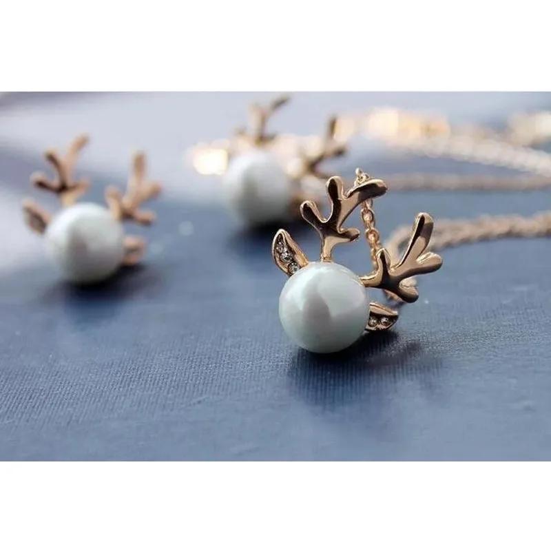 Милое ожерелье с подвеской в виде рогов оленя, жемчужная цепочка, рождественский подарок в виде оленя, ожерелье с рождественским украшением в виде оленя