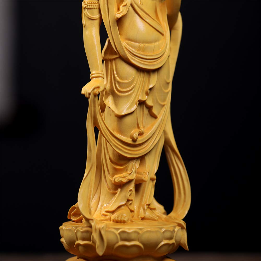 FunLo Traditional Art Carving Buddhist Statue, Seishi Bodhisattva, Wooden Carving, Guardian Deity, Feng Shui, Good Luck, Handmade Boxwood (23cm H X