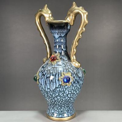 Антикварная коллекция фарфора Цзюнь династии Сун, позолоченная драгоценным камнем керамическая ваза с двумя драконами, украшение для дома, гостиной