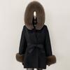 OFTBUY 2024 New Wool Blends Real Fur Coat Belt Winter Jacket Women Natural Fox Fur Collar Hooded Cuffs Streetwear Outerwear