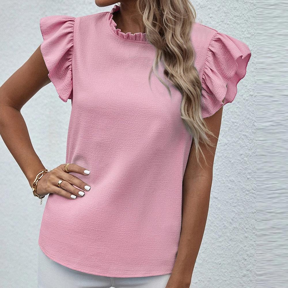 Spring Summer Ruffle Tank Top Sweet Round Neck Solid Color Women's Shirt Blouses