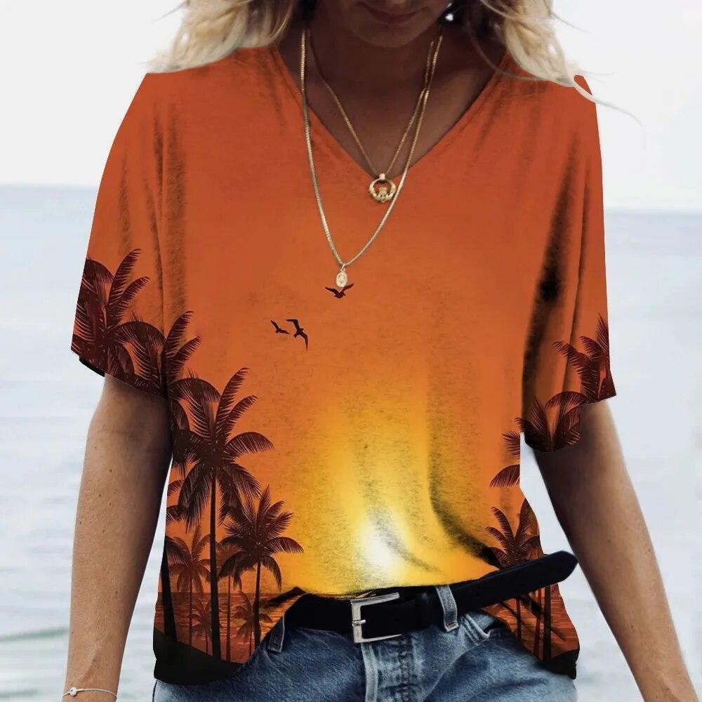 Гавайская футболка, женский топ с v-образным вырезом и коротким рукавом, футболка с принтом кокосовой пальмы, женская одежда большого размера, женский топ для отпуска