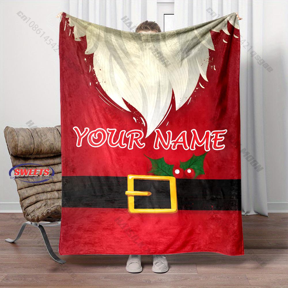 Personalized Custom Name Christmas Blanket,Santa Suit Belt Minimalist Red Background Print Blanket, Xmas Home Decor Blanket