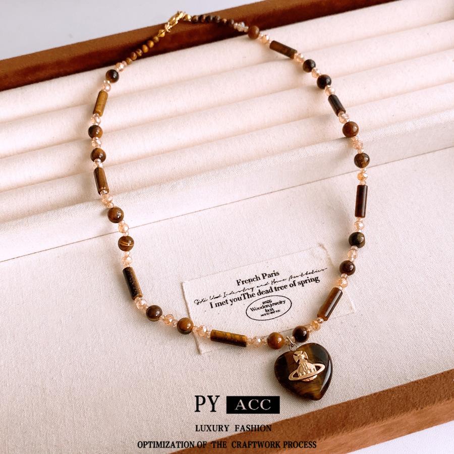 Maillard Ожерелье с подвеской в виде сердца из камня Тигровый глаз, премиальная цепочка для свитера в стиле легкой роскоши, ретро, универсальное ожерелье для женщин