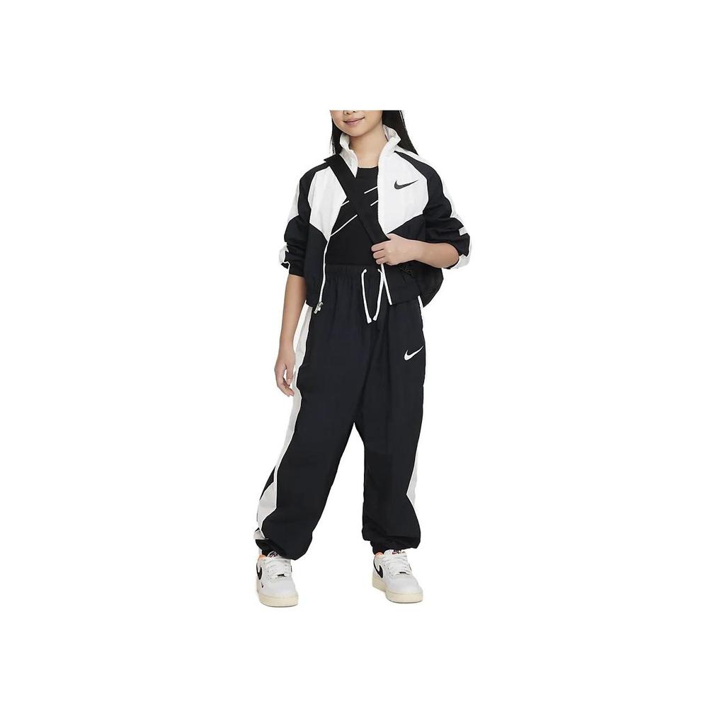 Nike Color Block Logo Print Stand Collar Long Sleeve Jacket Kids Jackets Black White FB1267-010