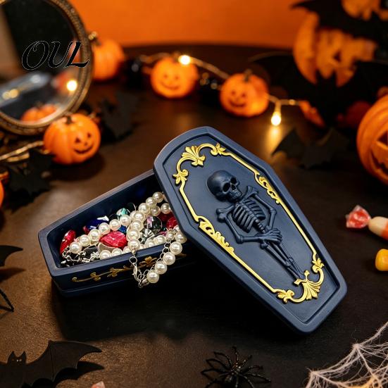 Halloween Atmosphere Prop Gothic Skull Casket Jewelry Box, Resin Spooky Storage Figurine for Holder Rings, Dark Tabletop Organizer, Unique Gift