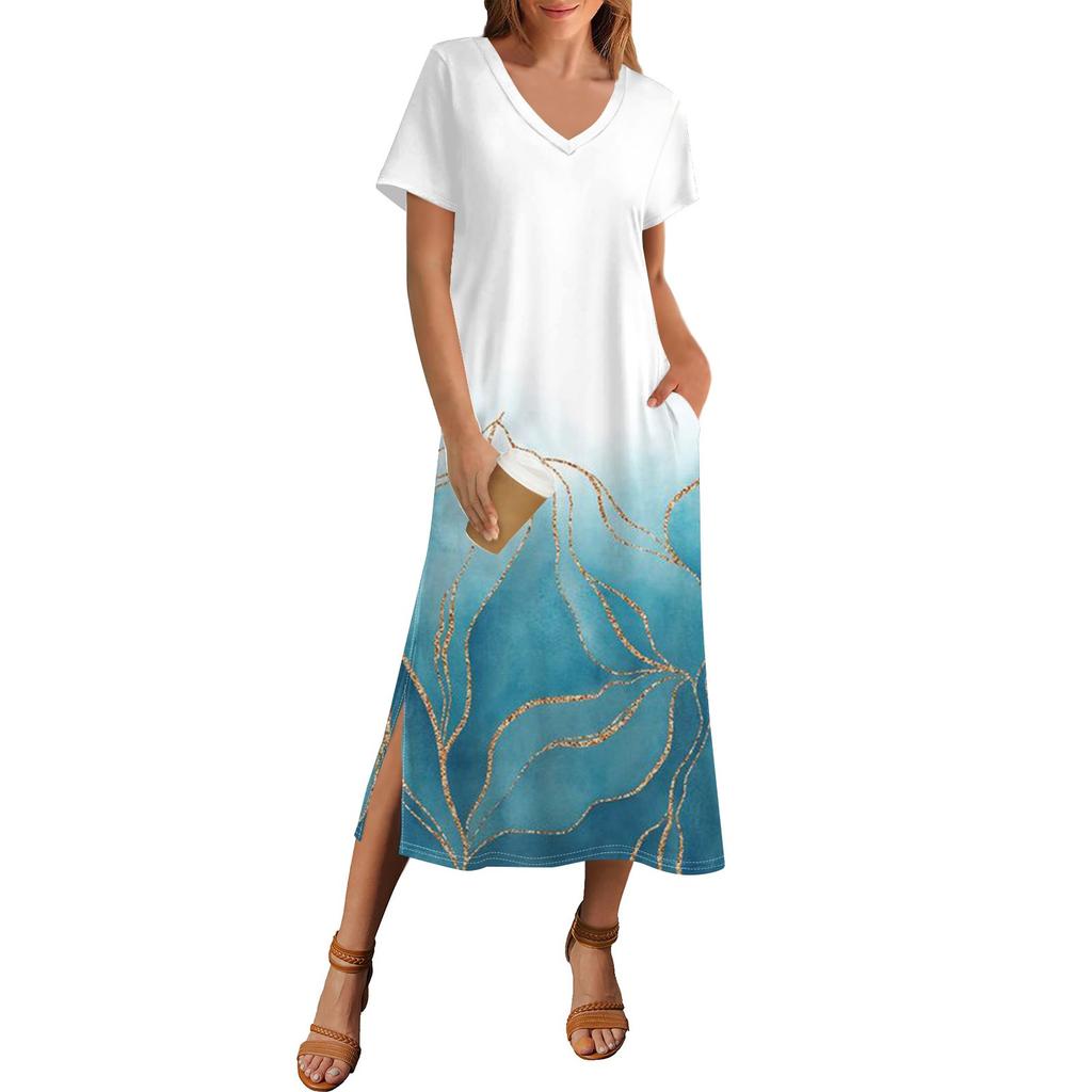 Women's Summer Floral Print Dress Short Sleeve Beach Dress With Pocket Casual V-neck Hem Side Slit Dress