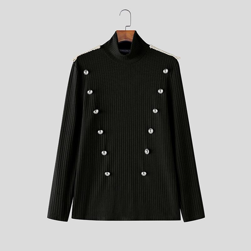 INCERUN Весенние мужские футболки с высоким воротом, длинным рукавом, декоративными пуговицами, приталенные, топы, майки