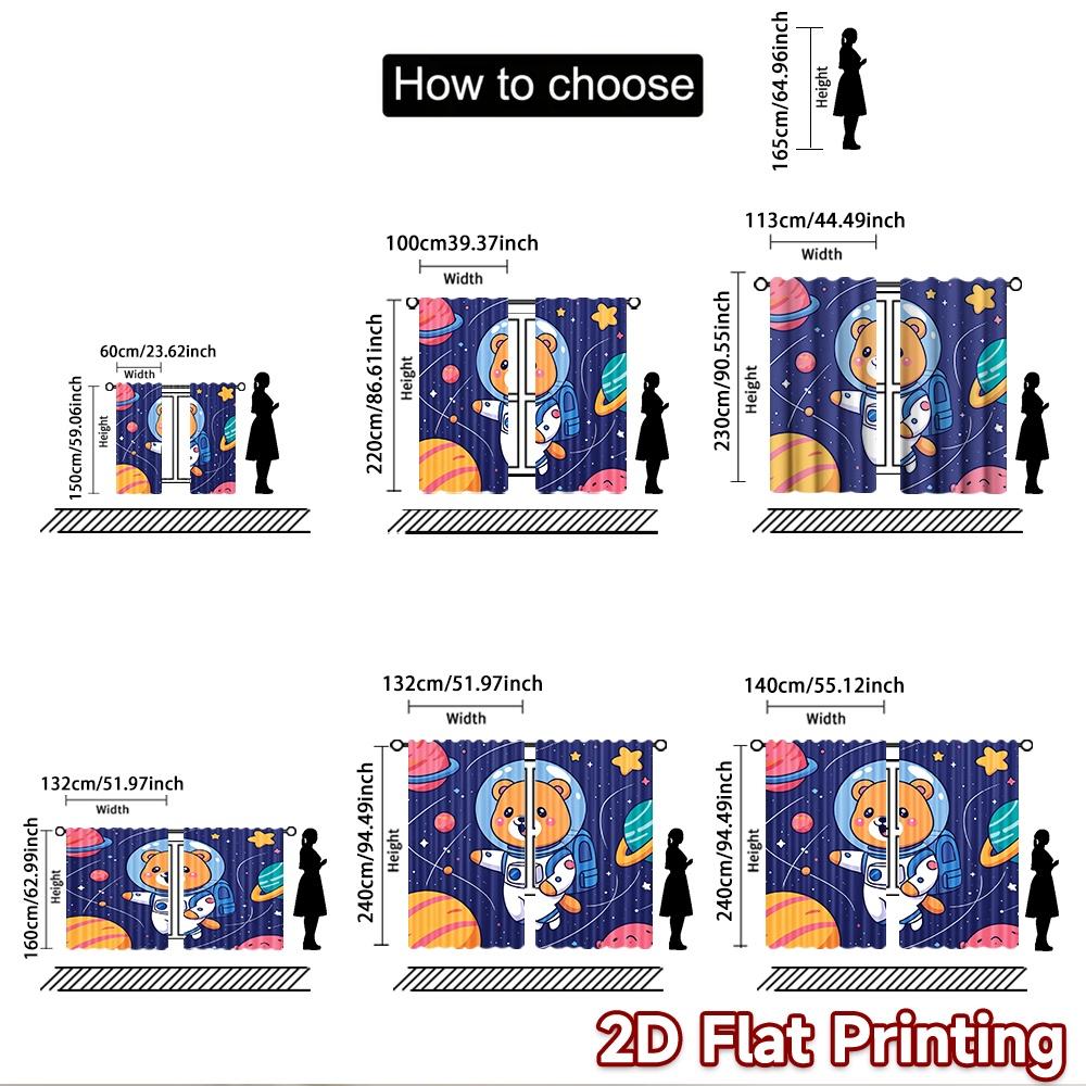 2D flat printing 2pcs Window Curtains Cute Astronaut Bear Space Digital Printed Polyester Drapes Seasonal Party & Holiday Decor