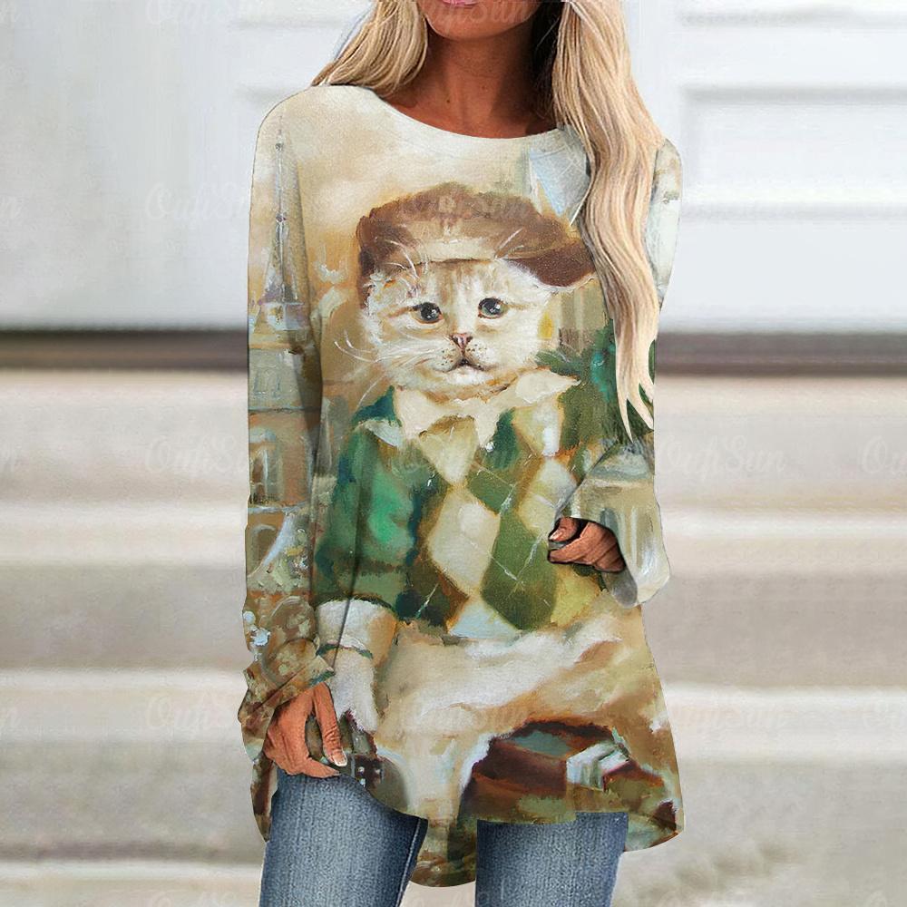 Элегантные женские футболки с милым рисунком кошки, осенняя хлопковая футболка с длинными рукавами, топы, повседневная свободная женская одежда, пуловер Y2K Street