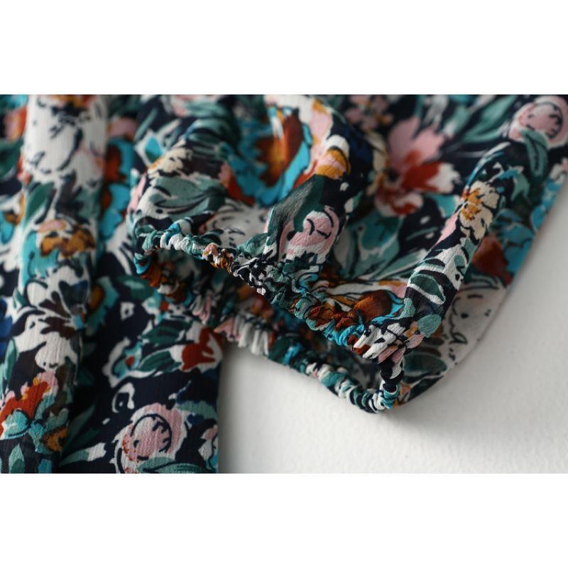 Export Export Elegant Elegance French Vintage Floral Chiffon Dress High Waist Slimming V-Neckline Vacation Dress