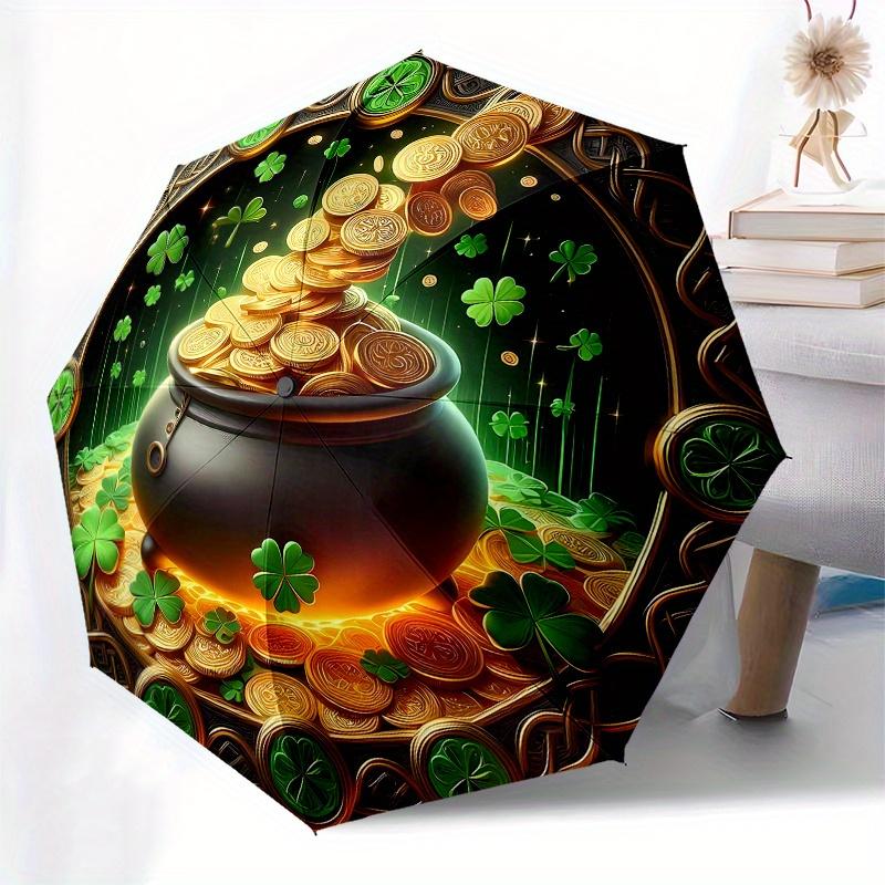 Pot of Gold Coins with Four-Leaf Clovers, Irish Luck Symbol Umbrella, Cute Umbrella with Cute Design, Portable 3-Fold Compact Umbrella for Men & Women