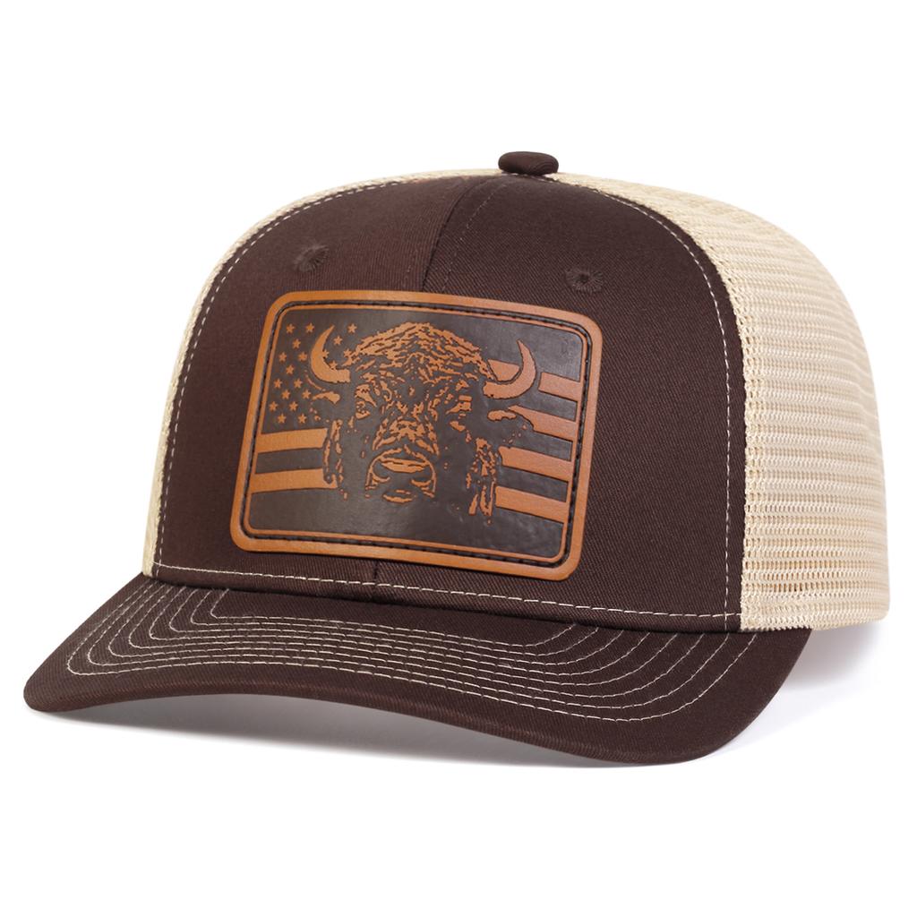 Men Brown Flag Bull Head Leather Patch Baseball Mesh Caps Micro Curved Cap Outdoor Sunscreen Leisure Hat Spring Autumn Travel Tourism Beach Vacation
