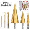 3/6Pcs Step Drill Bit 4-12 4-20 4-32mm Drill Bits High Speed Steel Metal Wood Hole Cutter Cone Drilling Tool 3 6 8mm Twist Drill