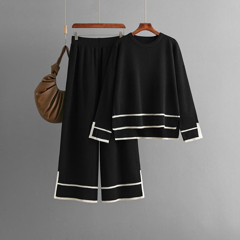 Winter Multicolor Oversize Sets Loose Split Sweater+Solid Wide Legs Long Pants Autumn Fashion Casual Women 2pc Suits