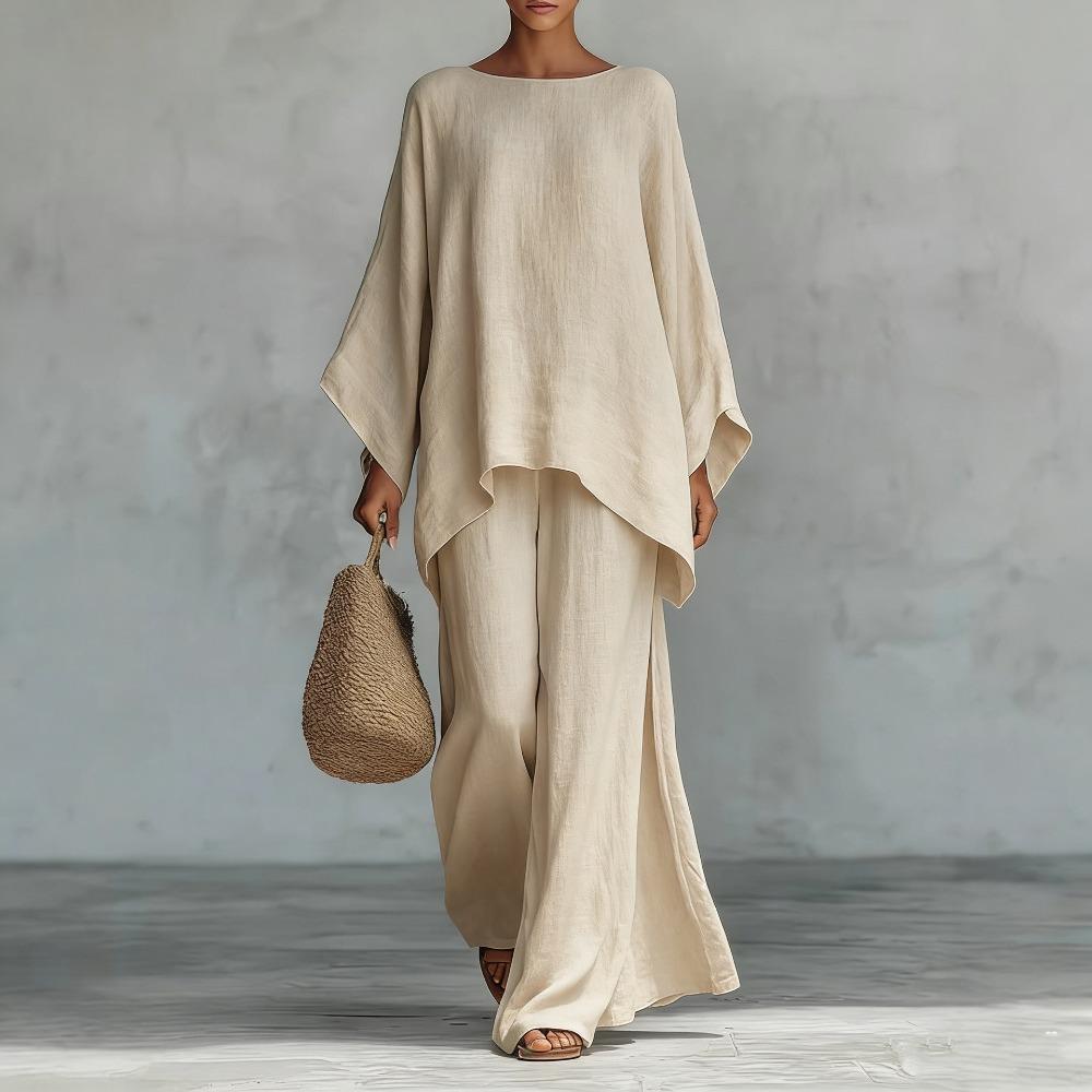 Europe, America, women's simple loose linen blend shirt wide-leg pants set