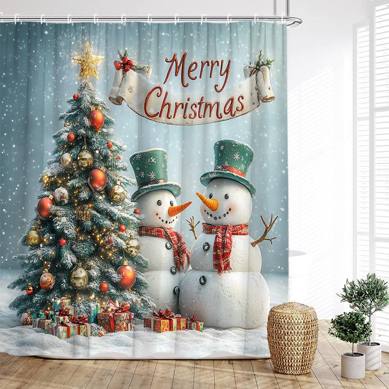 Cute Snowman Shower Curtain Winter Forest Pine Tree Snowflake New Year Christmas Bath Curtains Fabric Bathroom Decor With Hook
