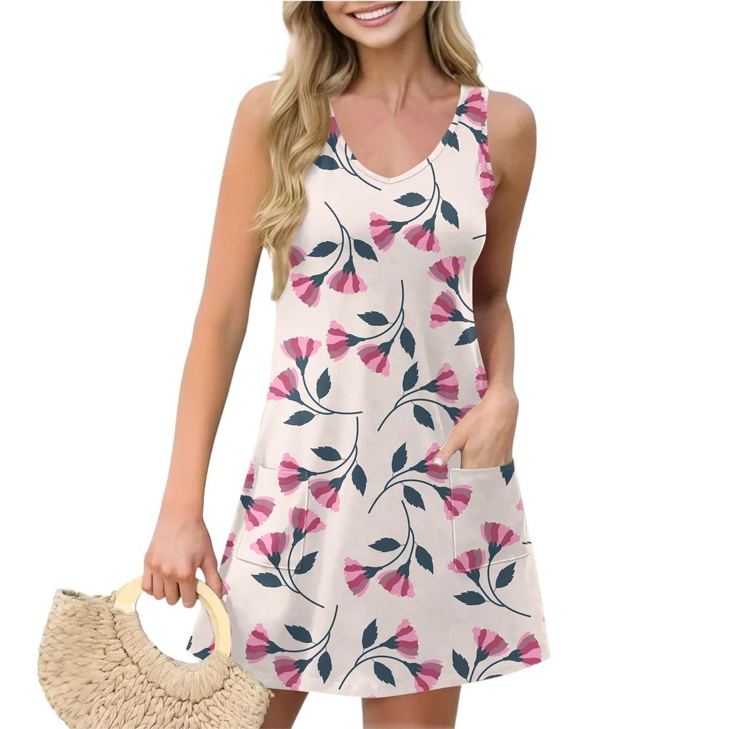 Women's Casual Summer Vest Dress With Pockets Floral Print V Neck Sleeveless Dress