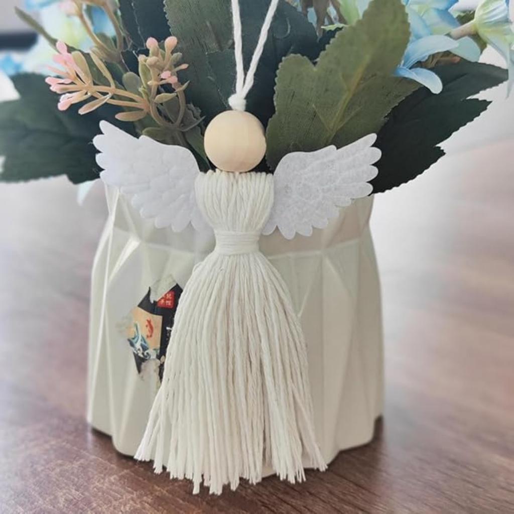 Set of 6 Angel Shape Hand Woven Pendant with Natural Wood Bead for Christmas Tree Party Hanging Ornament Home Decor Supplies