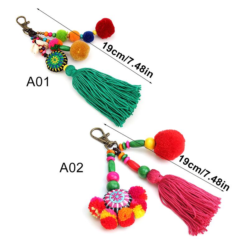 Flower Charms Keychains Pompom Tassels Colorful Pendant Keyring Women 1pc Multicolor Beads Accessories Jewelry Boho Style