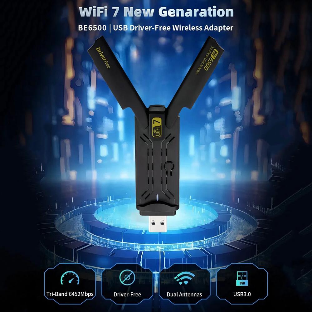 6500Mbps WiFi 7 USB Adapter BE6500 2.4G&5.8G&6GHz Wireless Network Card 802.11be Free-Drive WiFi Adaptador for Win 10/11
