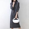 Women's Half High Collar Wool Knitted Dress Solid Color Long Sleeve Sweater Long Dress