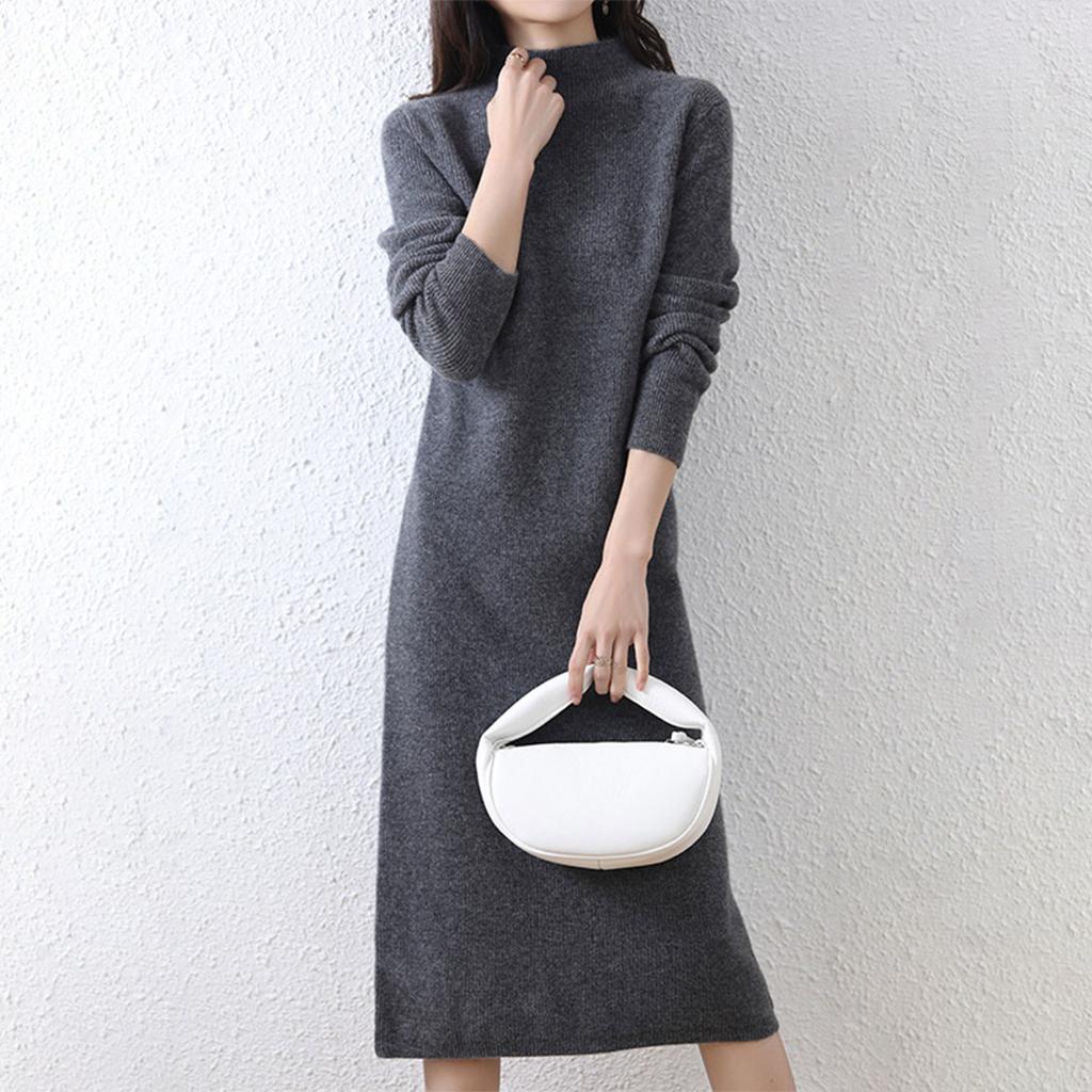 Women's Half High Collar Wool Knitted Dress Solid Color Long Sleeve Sweater Long Dress