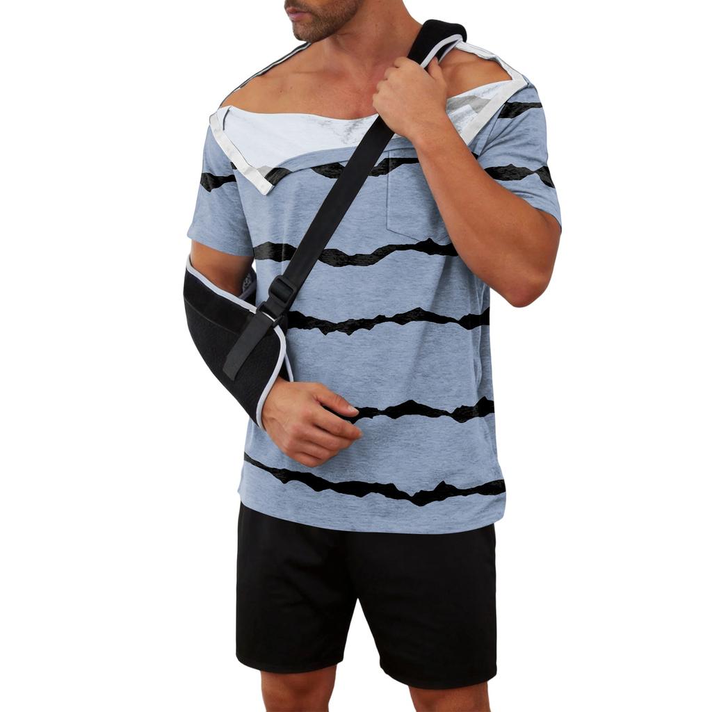 Men Recovery Shirt Striped Print Short Sleeve Full Open Front Closure Design Easy Dressing Top