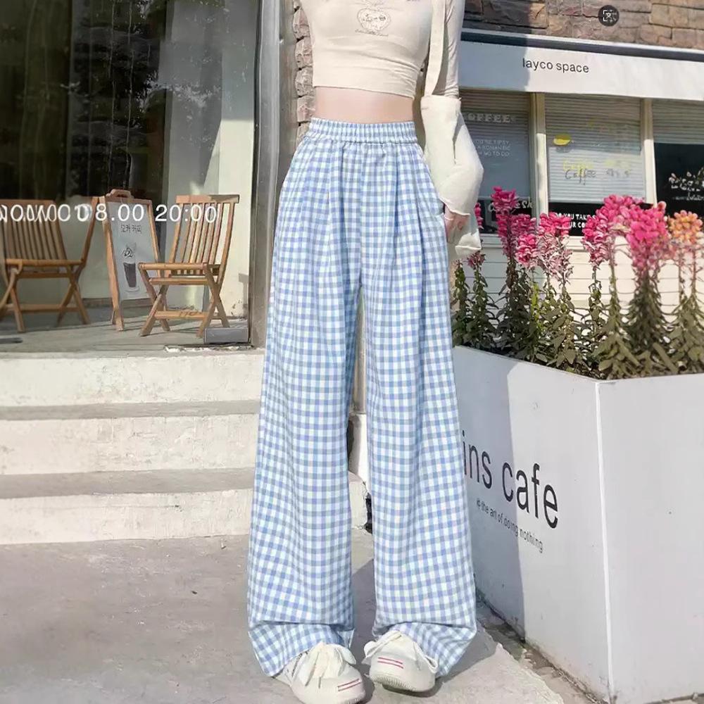 Blue Plaid Pants for Women In Spring and Summer New High-waist Straight-dial Drooping Lazy Style Loose Casual Wide-leg Pants