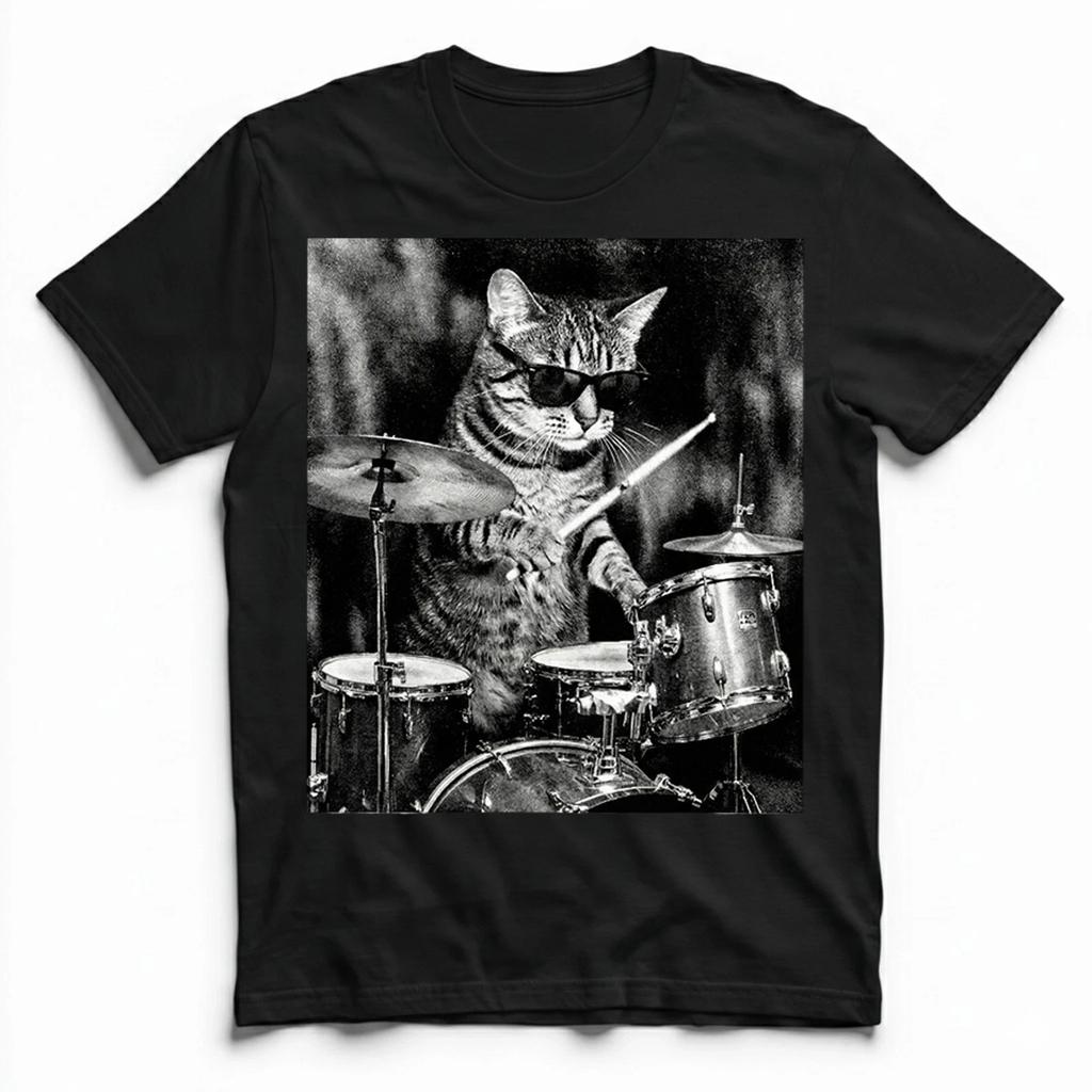 Vintage Cat Drummer T-Shirt Retro Music Tee Funny S-5XL
