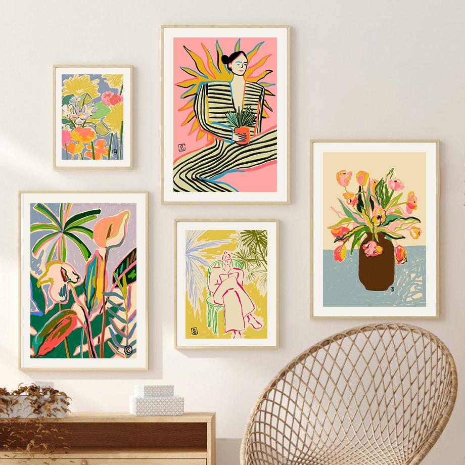 Abstract Line Stripe Girl Flower Leaf Colorful Wall Art Canvas Painting Posters And Prints Hotel Bar Pictures Indoor Room Decor