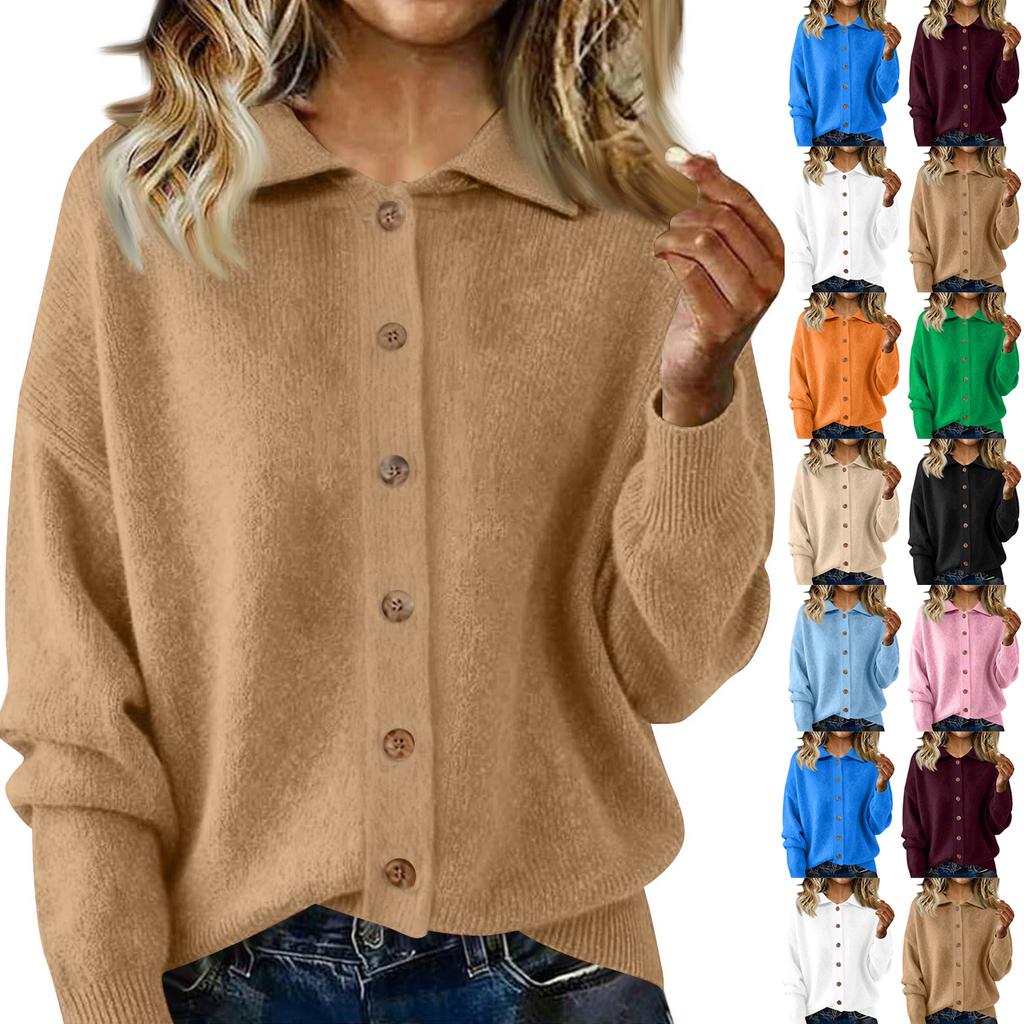 Women's Fashion Casual Solid-Colour Long-Sleeved Button-Front Knitted Collared Cardigan