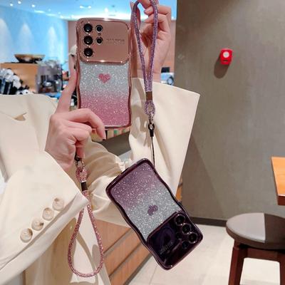 Чехол для телефона с блестящей рамкой и волнистым покрытием для Samsung S25 Ultra S24 FE S23 Plus S22, ремешок для запястья, противоударный, защита объектива, прозрачный бампер
